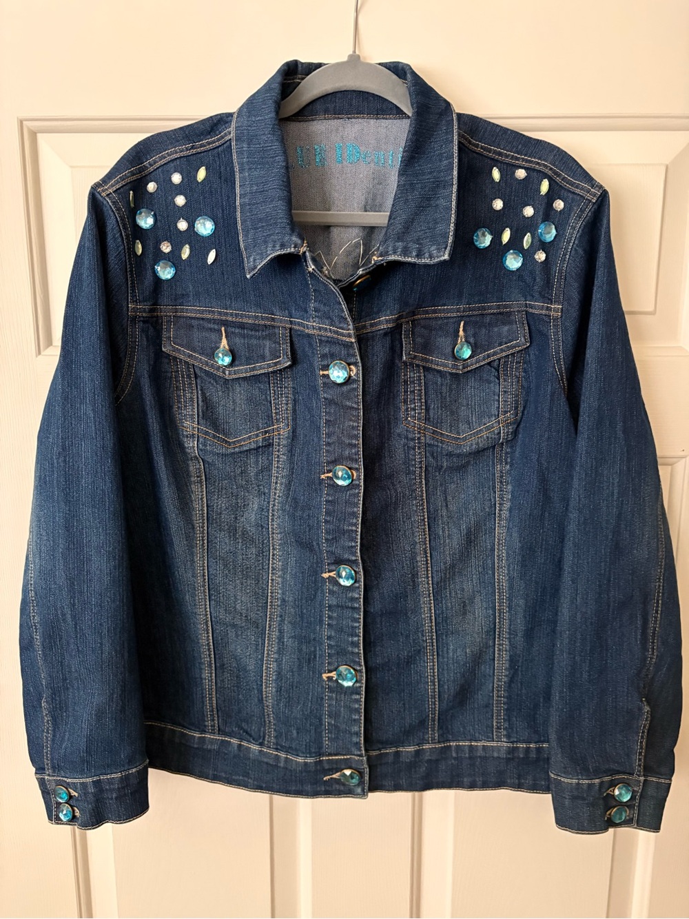 Denim Jean Jacket with Turquoise Blue Jewel Accents - Blue Jean jacket